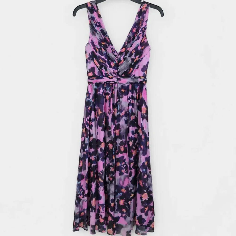J.Crew Collection Silk Floral Pleated Midi Dress Purple Size 0